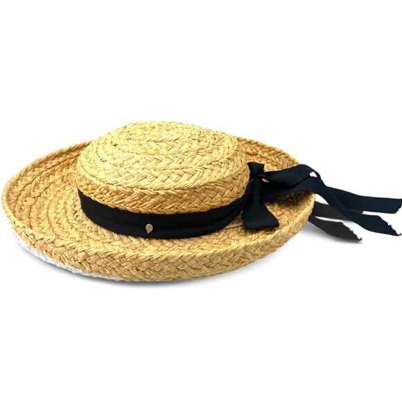 Helen Kaminski Classic 5 Raffia Straw Sun Hat with a black ribbon bow Womens